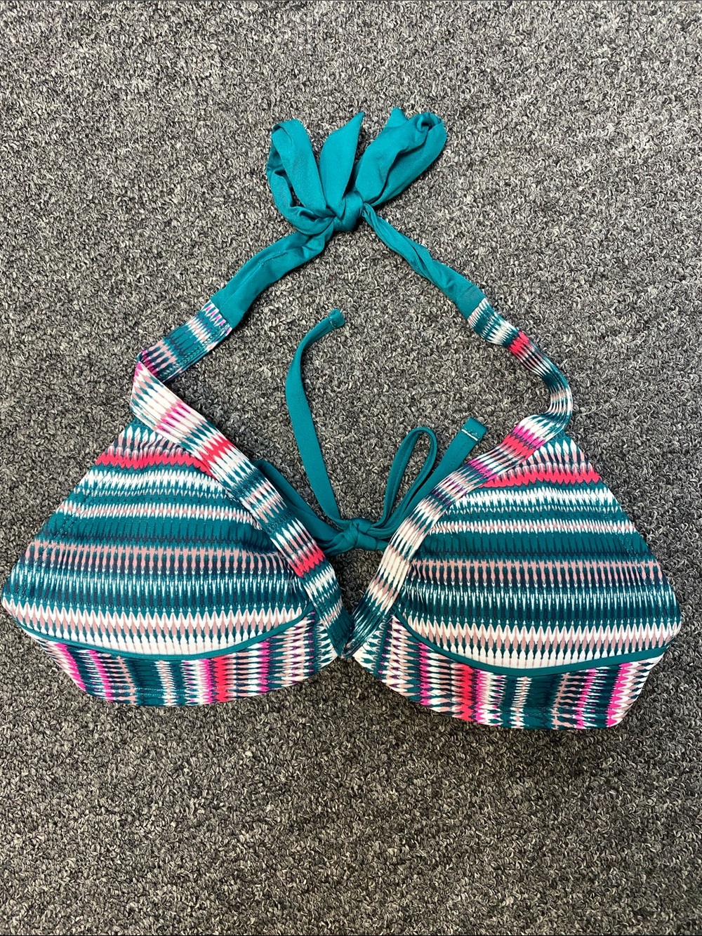 Kona Sol Teal Striped Halter Bikini Top with Pink & White Accents